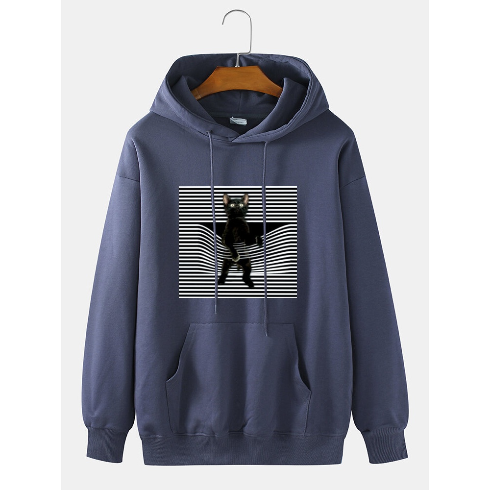 Mens Cotton Line & Cartoon Cat Print Drop Shoulder Long Sleeve Cute Hoodies - White S