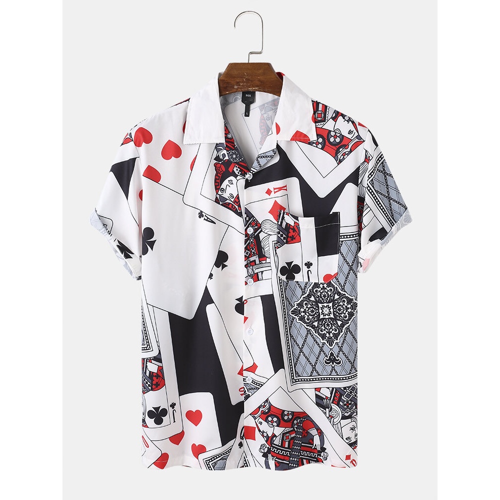 Mens Causal Poker Graphics Chest Pocket Short Sleeve Shirts - White S