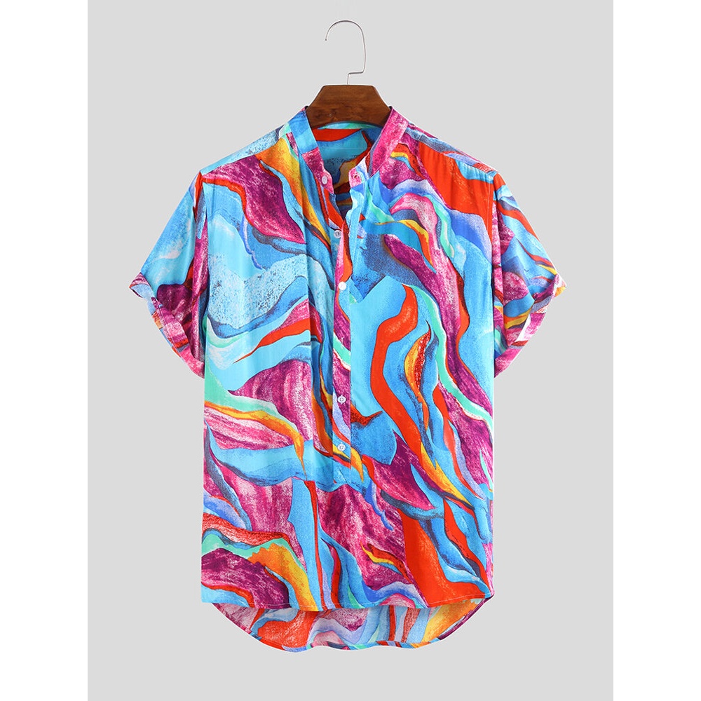 Mens Summer Colorful Graffiti Printed Half Buttons Holiday Casual Shirts - XL Yellow