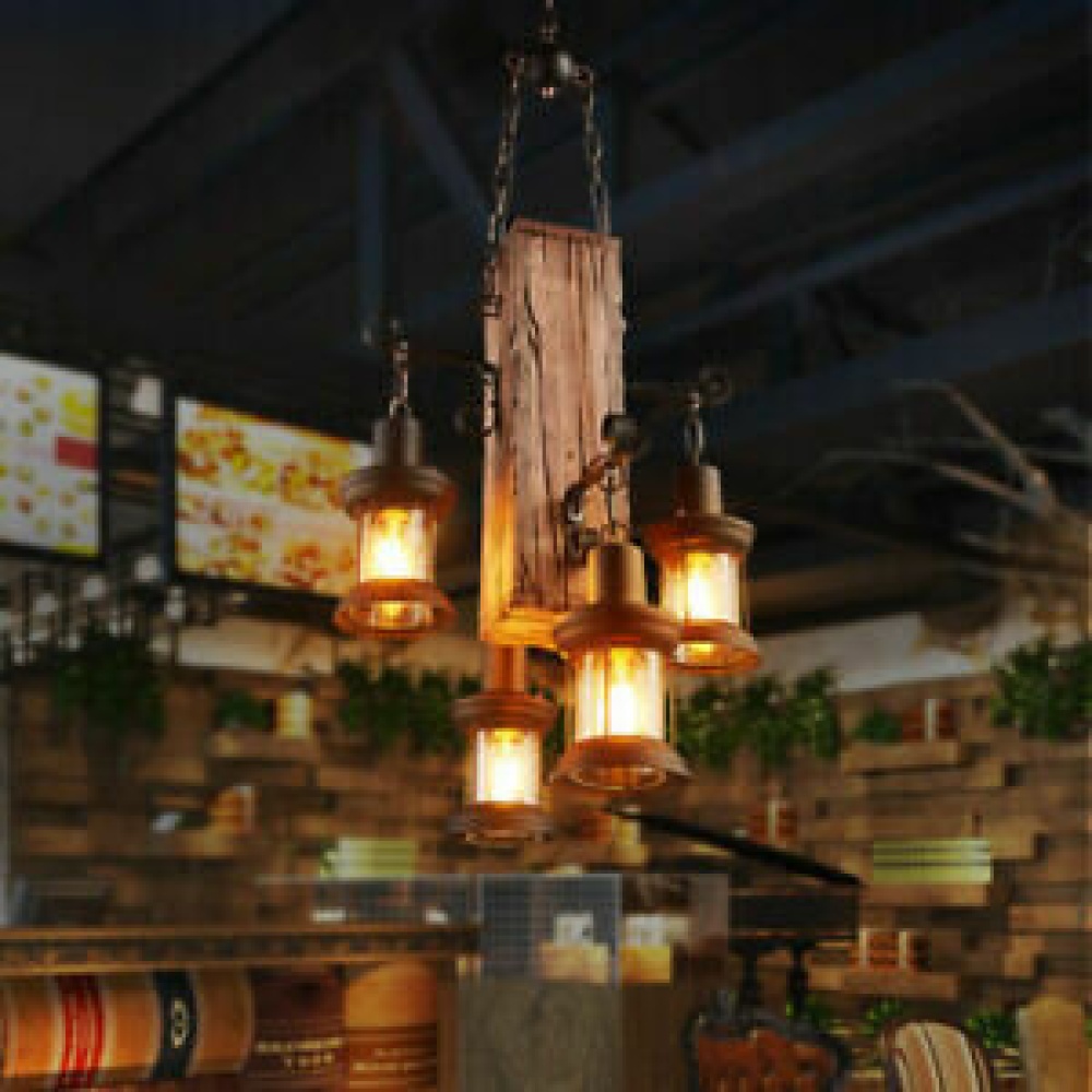 Rustic Wood 4 Heads Industrial Chandelier Iron Ceiling Lamp Pendant Light - Image 2