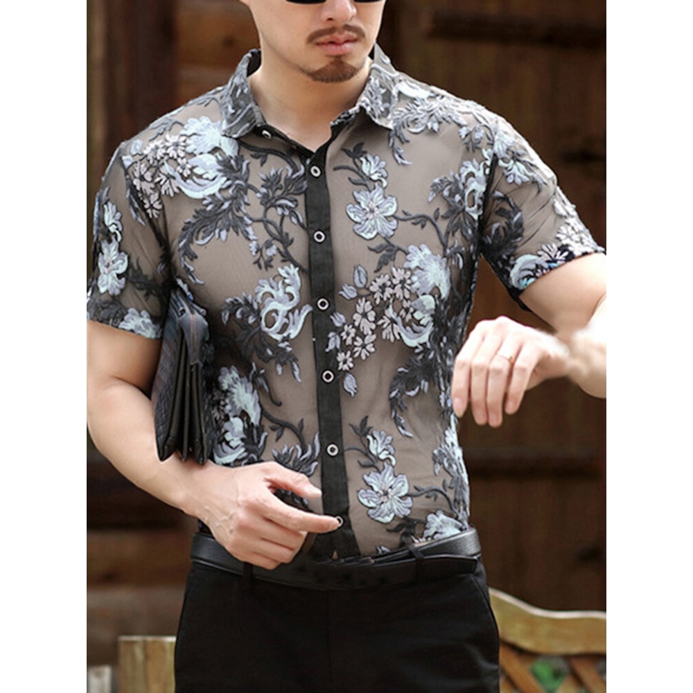 Mens Openwork Floral Embroidered Short Sleeve Shirts - 2XL Black