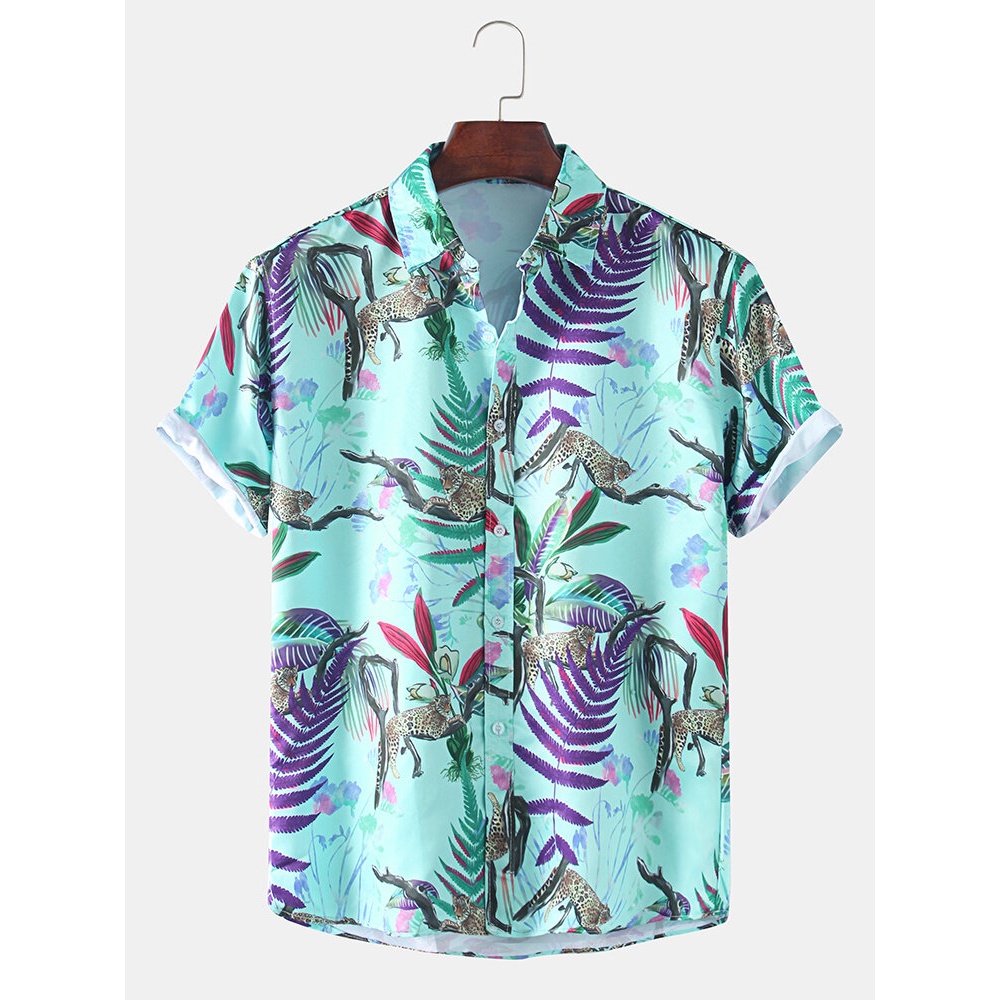 Mens New Fashion Plant Print Turn Down Collar Short Sleeve Shirts - Yellow 2XL