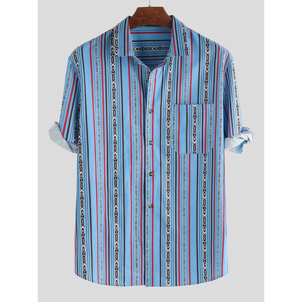 Mens Striped Printing Chest Pocket Half Sleeve Fashion Shirt - 2XL Sky Blue