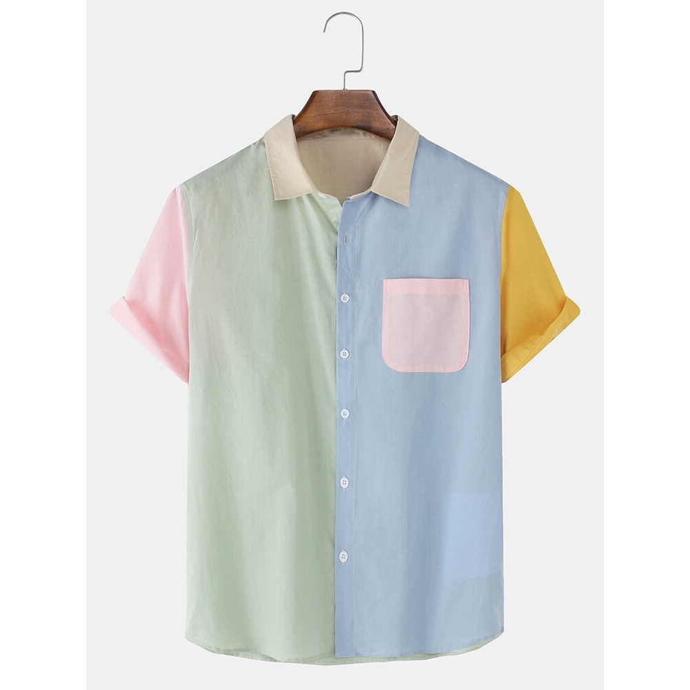 Mens 100% Cotton Patchwork Casual Short Sleeve Shirts With Pocket - Green S