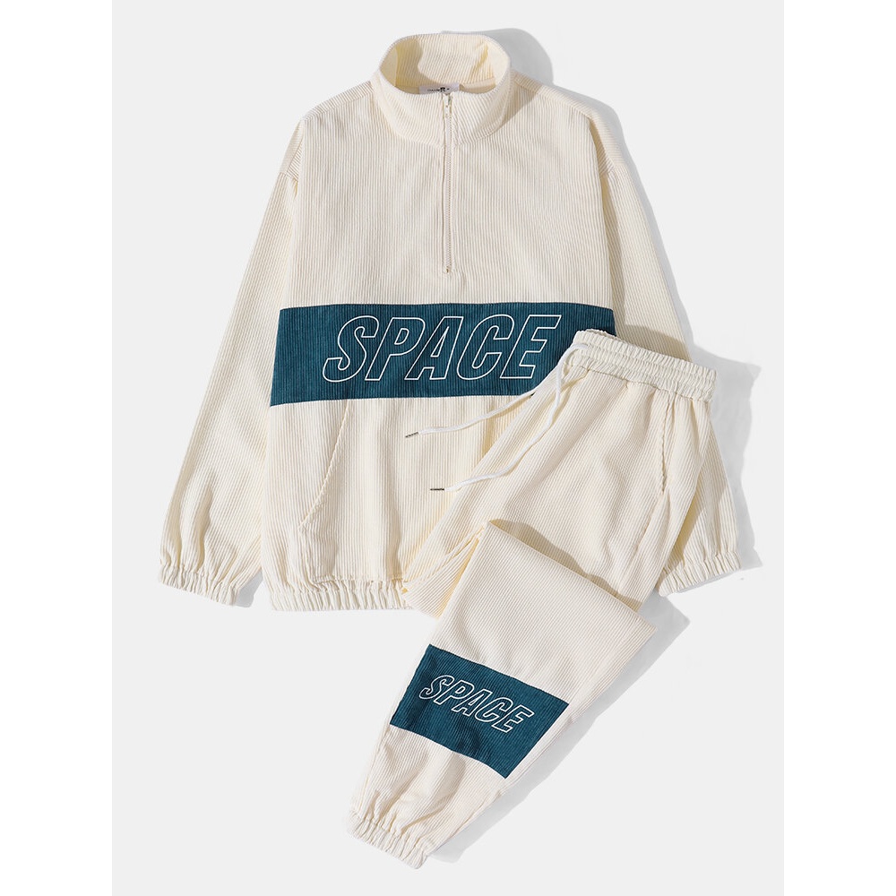 Men Corduroy Patchwork Contrast Color Block Zipper Casual Two Piece Suits - Apricot S