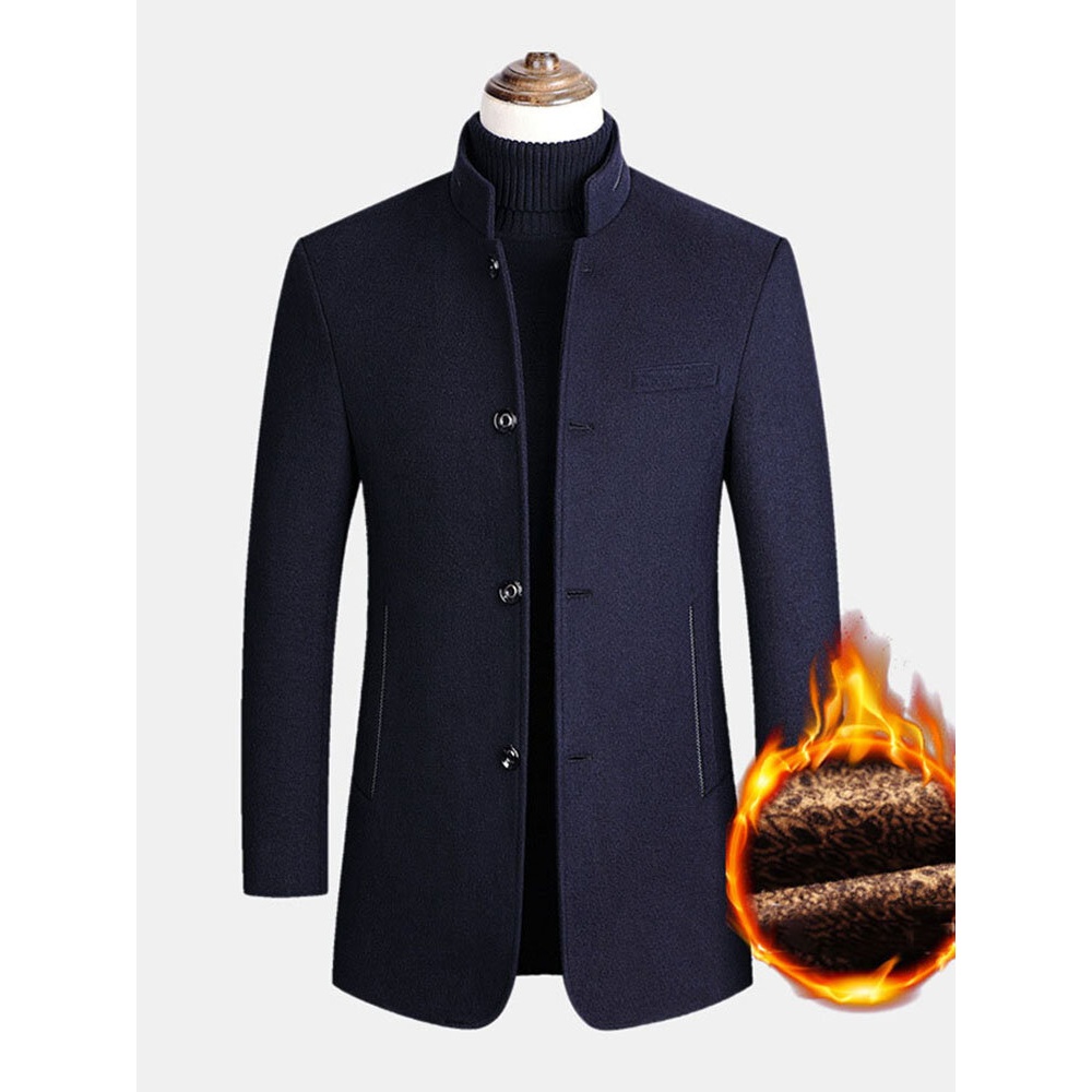 Mens Single-Breasted Woolen Thick Warm Pocket Long Sleeve Business Trench Coats - S Grey