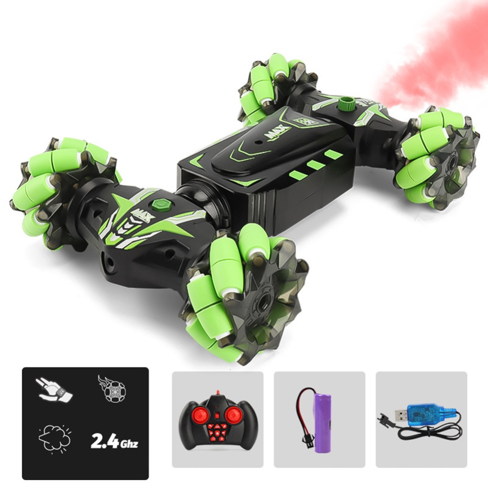 Jc01 Remote Control Spray Stunt Car Traverse Wheel Light Sound Multi-function Vehicle green single remote