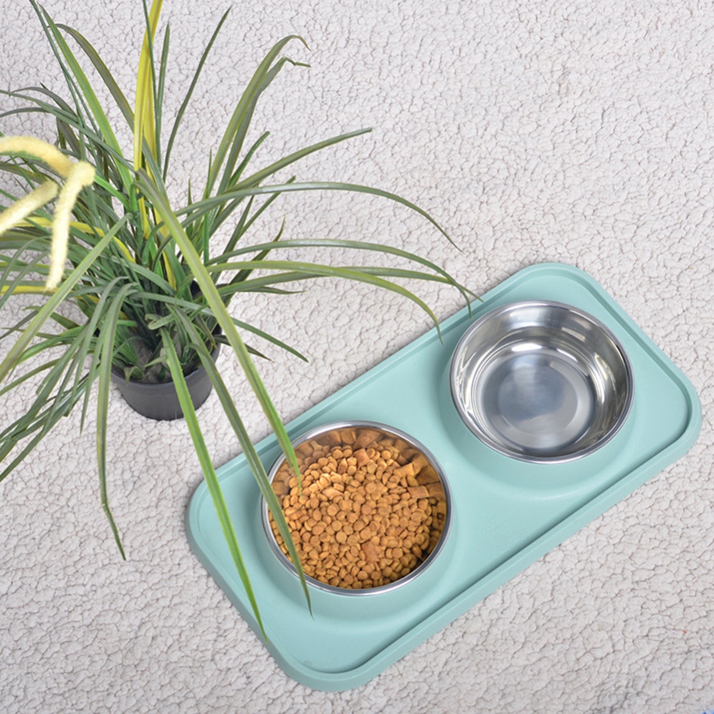 Pet Double Bowl Cat Dog Dining Table Non-slip Stainless Steel Feeder green_Stainless steel double bowl - Image 2