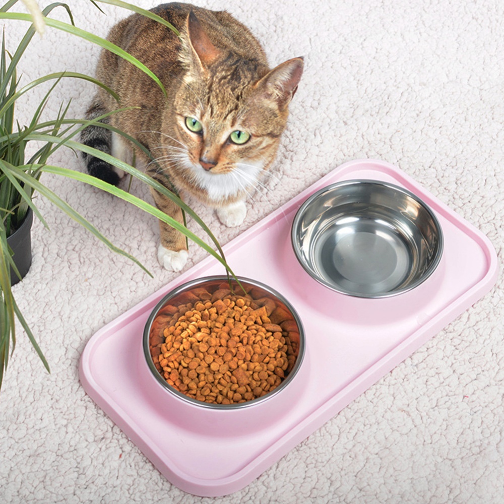 Pet Double Bowl Cat Dog Dining Table Non-slip Stainless Steel Feeder pink_Stainless steel double bowl - Image 3