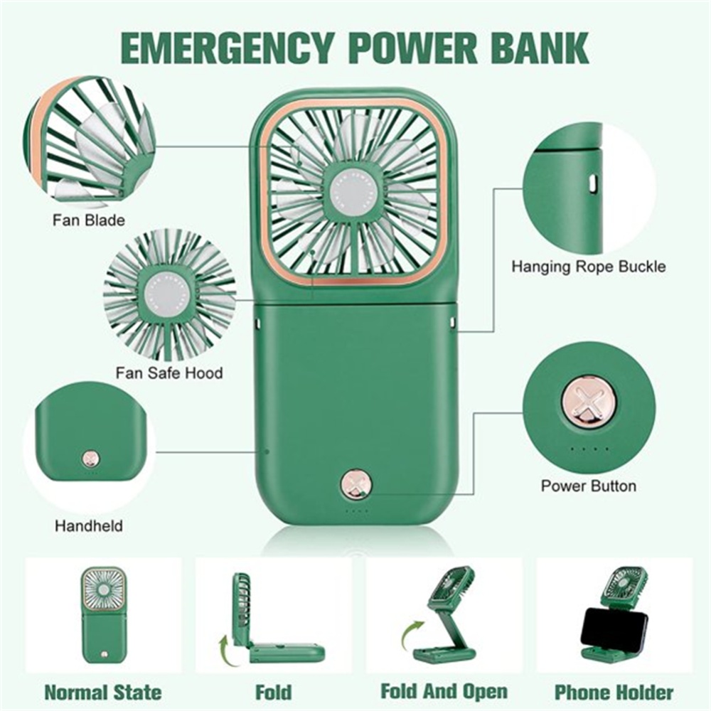 Handheld Mini Fan 3 Speed 180 Degree Rotating Rechargeable Portable Neck Green - Image 3