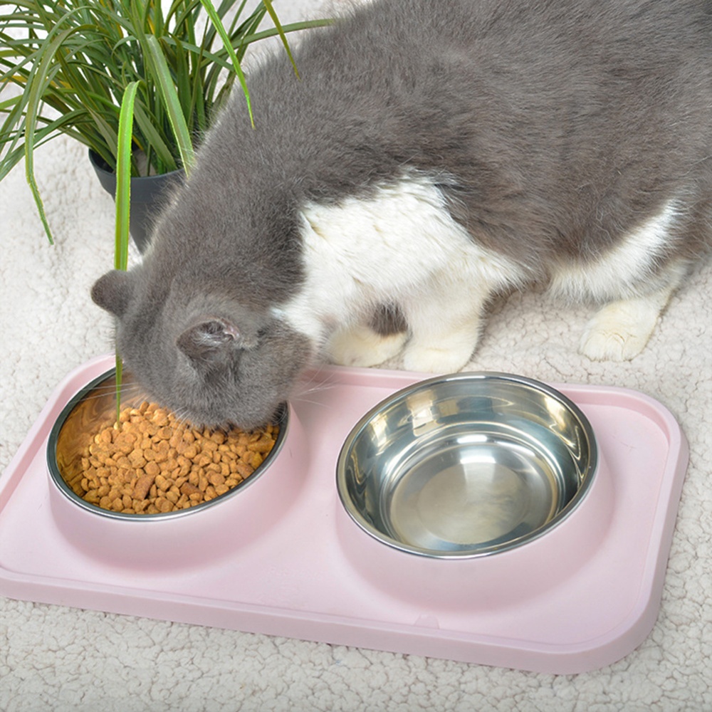 Pet Double Bowl Cat Dog Dining Table Non-slip Stainless Steel Feeder Blue_Stainless steel double bowl - Image 3