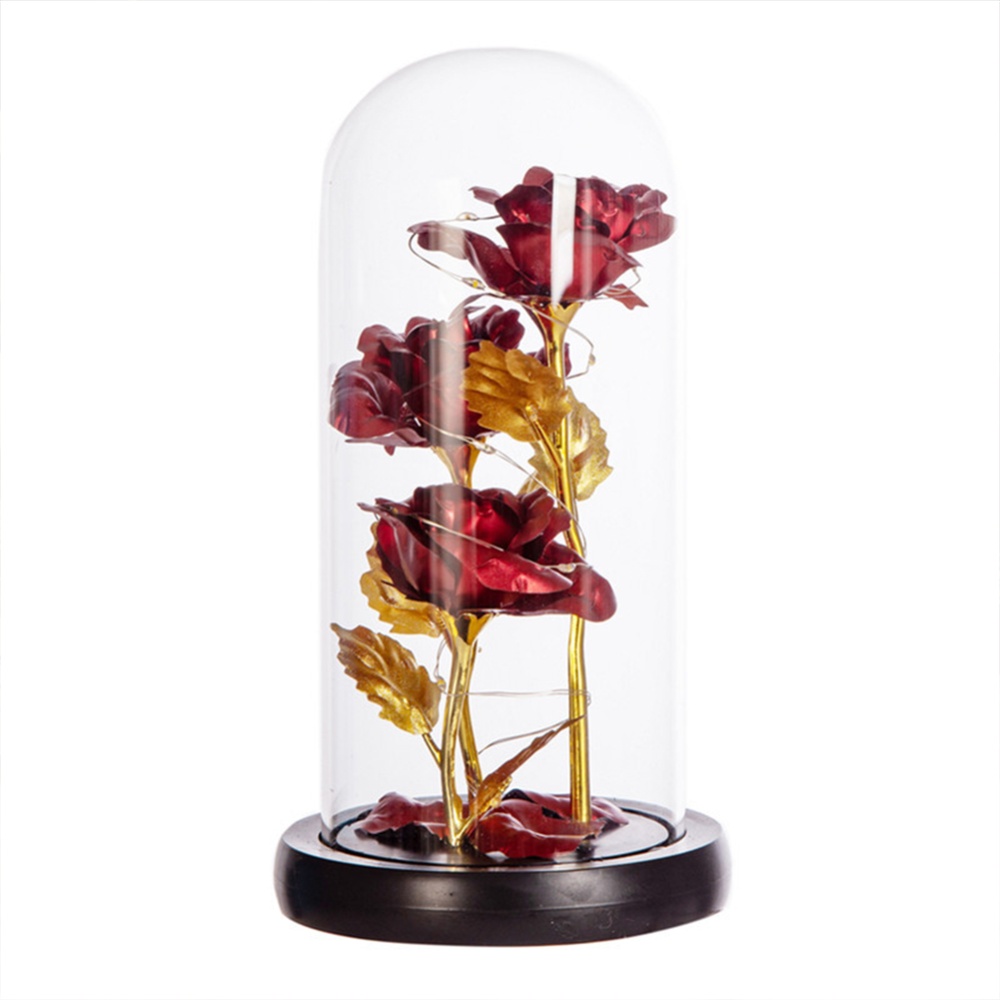 Colored Roses Ornaments 3 Flowers Glass-covered Gold-leaf Artifical Luminous Led Night Light Creative Valentine Day Gifts Blue flowers black - Image 2