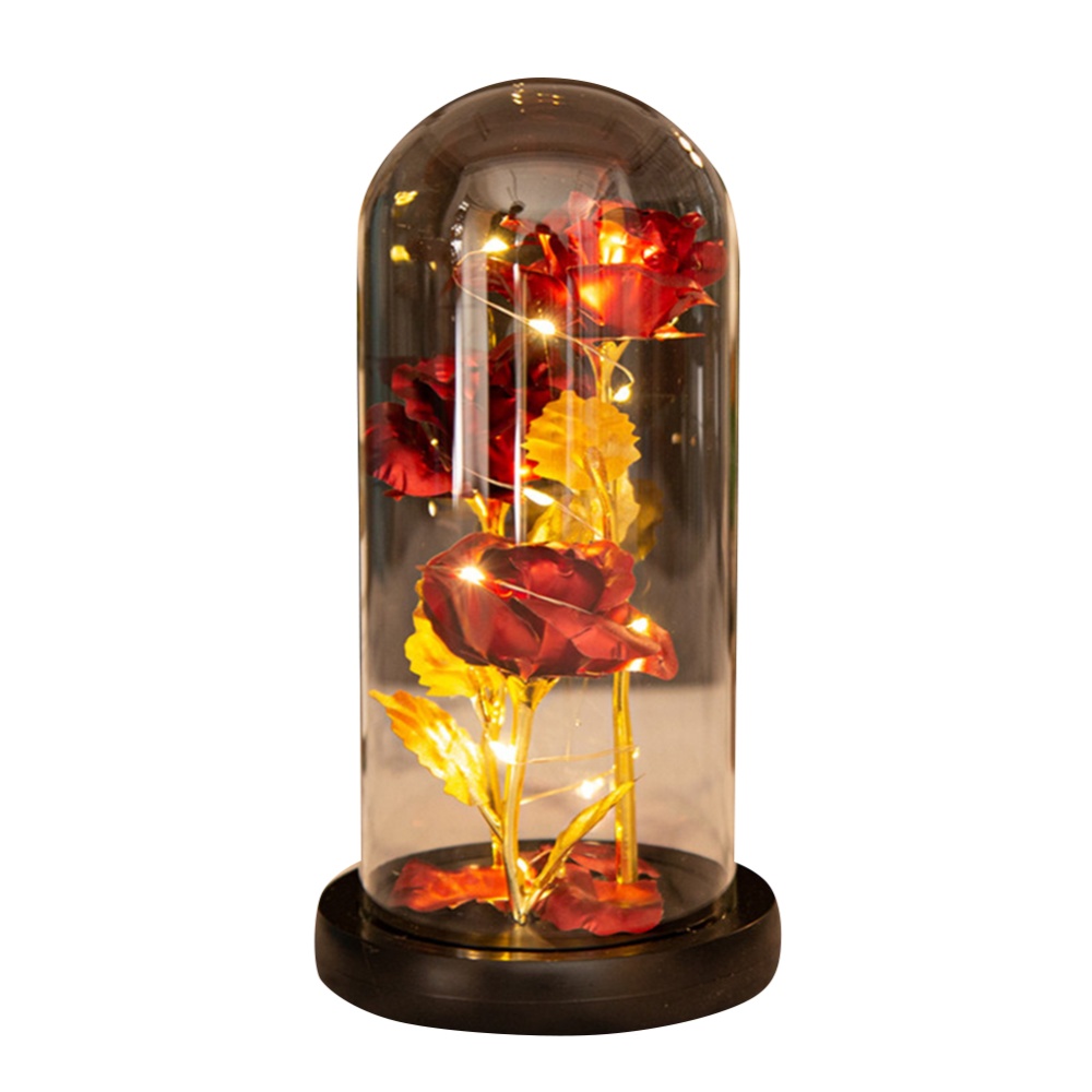 Colored Roses Ornaments 3 Flowers Glass-covered Gold-leaf Artifical Luminous Led Night Light Creative Valentine Day Gifts Blue flowers black - Image 3