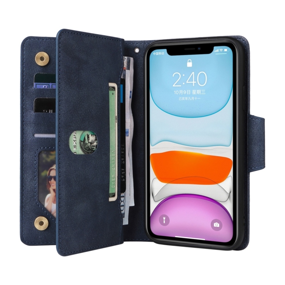 For iPhone 11 Rivet Buckle 9 Cards Three Fold Leather Phone Case (Blue) - Image 3