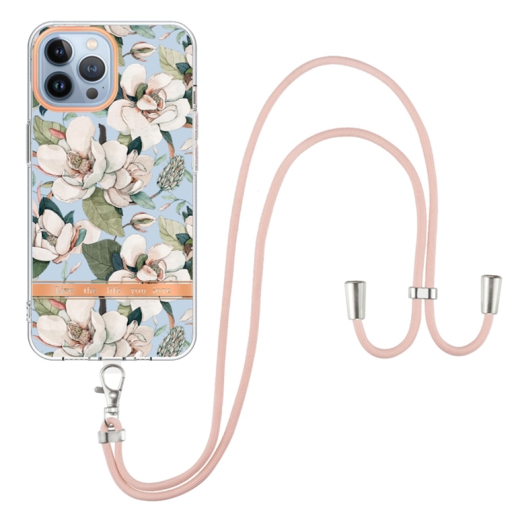 For iPhone 14 Pro Flowers and Plants Series IMD TPU Phone Case with Lanyard(Green Gardenia) - Image 2