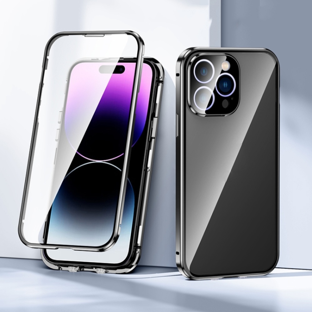 For iPhone 14 Pro Magnetic Double-buckle HD Tempered Glass Phone Case(Black) - Image 2