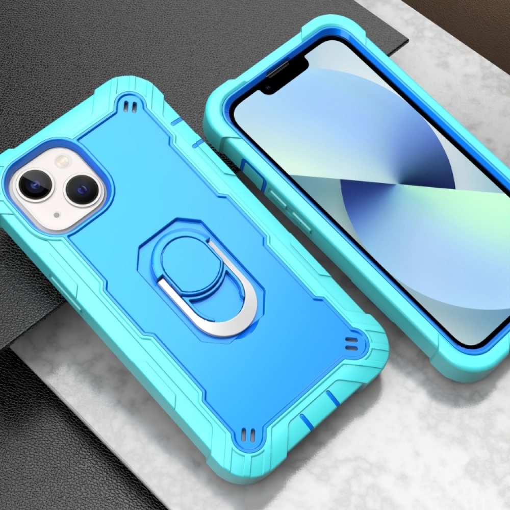 For iPhone 14 Two-color Ring Holder Phone Case(Mint Green + Blue) - Image 2