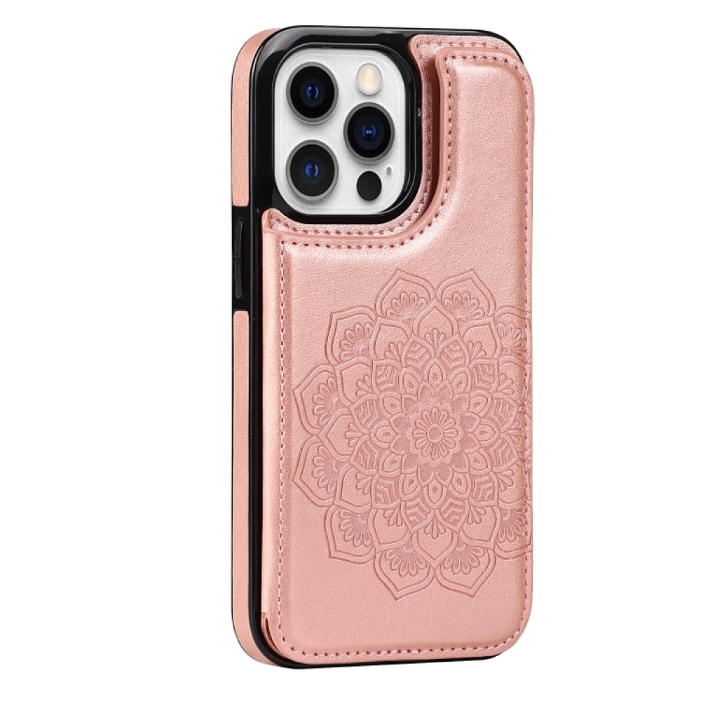 For iPhone 14 Pro Double Buckle Mandala Leather Wallet Back Cover Phone Case(Rose Gold) - Image 2