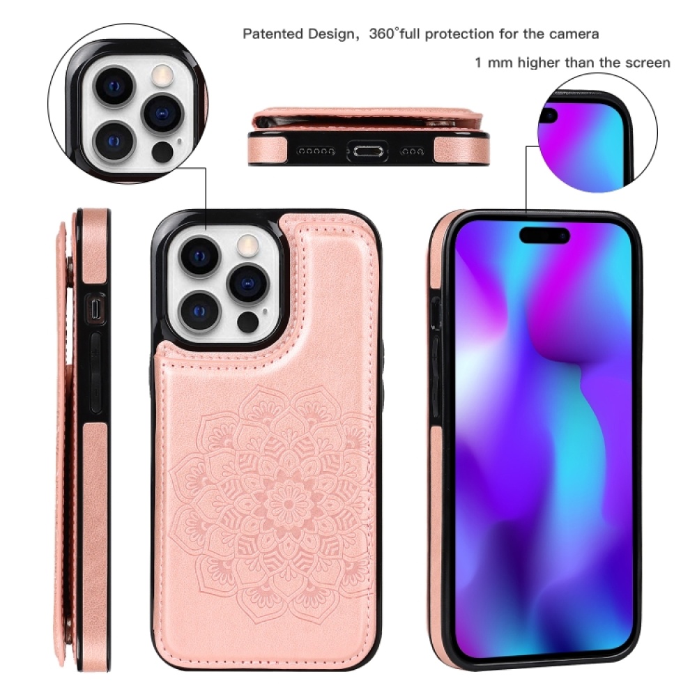 For iPhone 14 Pro Double Buckle Mandala Leather Wallet Back Cover Phone Case(Rose Gold) - Image 3