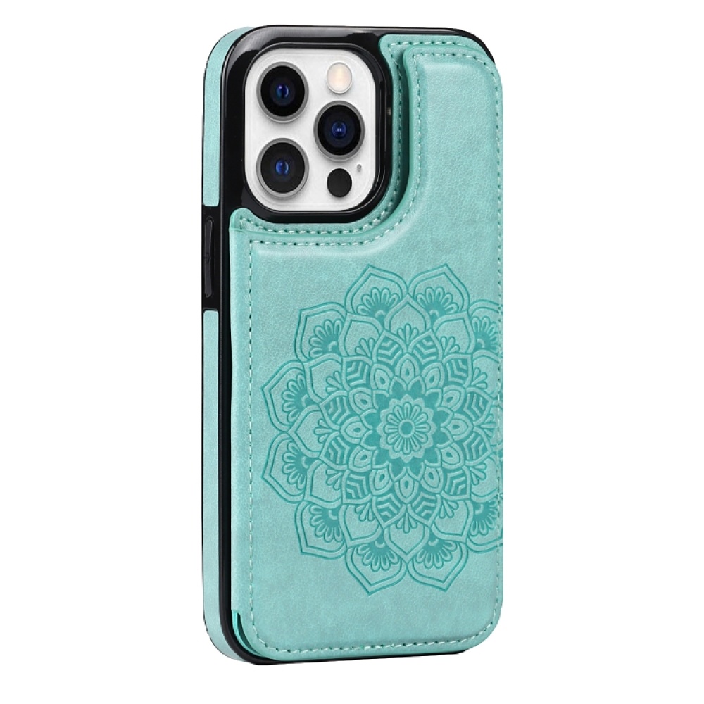 For iPhone 14 Pro Max Double Buckle Mandala Leather Wallet Back Cover Phone Case(Green) - Image 2