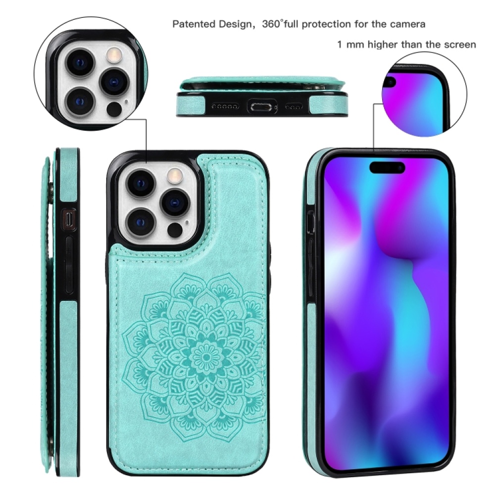 For iPhone 14 Pro Max Double Buckle Mandala Leather Wallet Back Cover Phone Case(Green) - Image 3