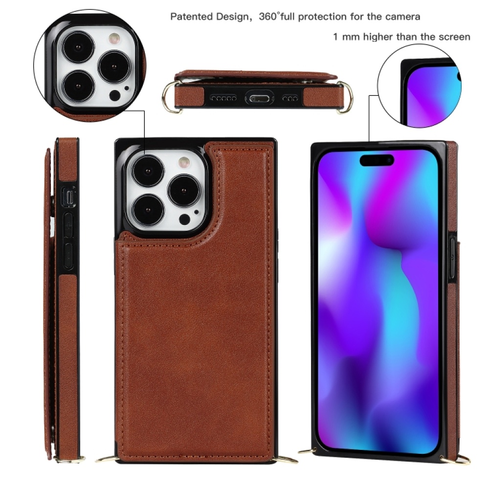 For iPhone 14 Pro Max Cross-body Square Dual-Buckle Card Flip Wallet Phone Case(Brown) - Image 2