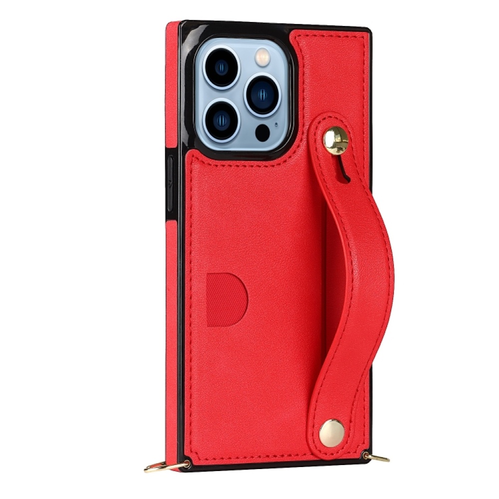 For iPhone 14 Pro Crossbody Wrist Strap Card Holder Phone Case(Red) - Image 2