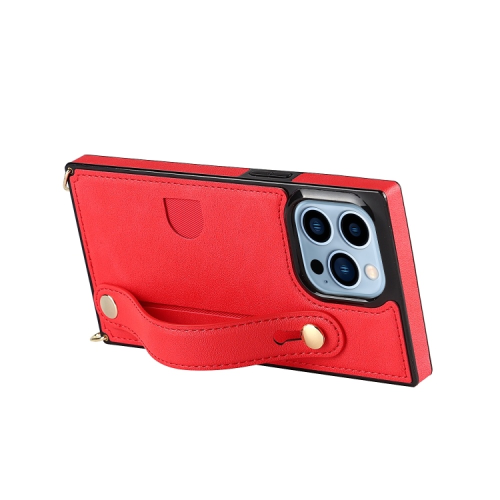 For iPhone 14 Pro Crossbody Wrist Strap Card Holder Phone Case(Red) - Image 3