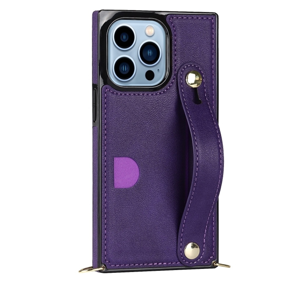 For iPhone 14 Pro Max Crossbody Wrist Strap Card Holder Phone Case(Purple) - Image 2