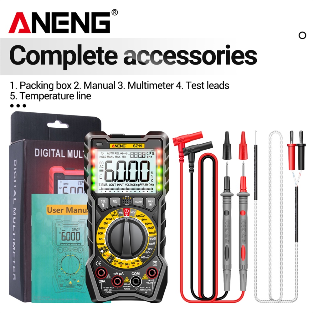 ANENG Sz19 Digital Multimeter 6000 Counts Tester Manual Range False Detection Reminder with Ncv Sound Light Alarm Black - Image 3