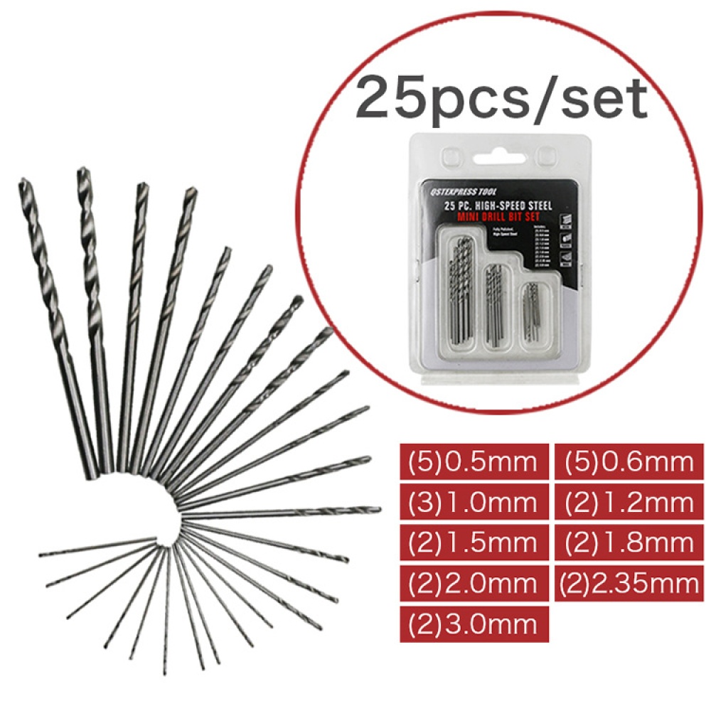 25pcs Twist Drill Bit Set HSS High Speed Steel Mini Straight Shank Rotary Tool