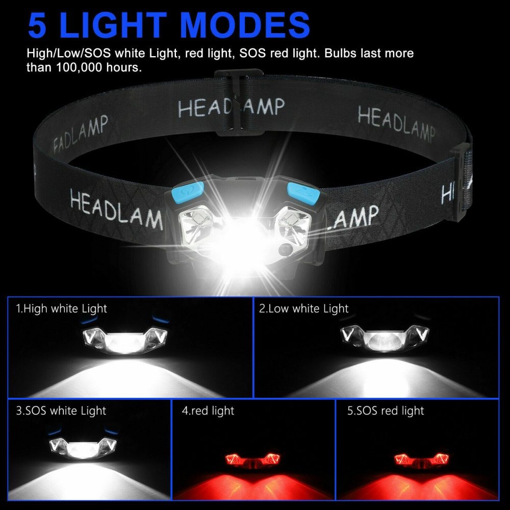 5000lm Led Headlight 5 Modes Ipx4 Waterproof USB Rechargeable Lamp Flashlight Black - Image 2