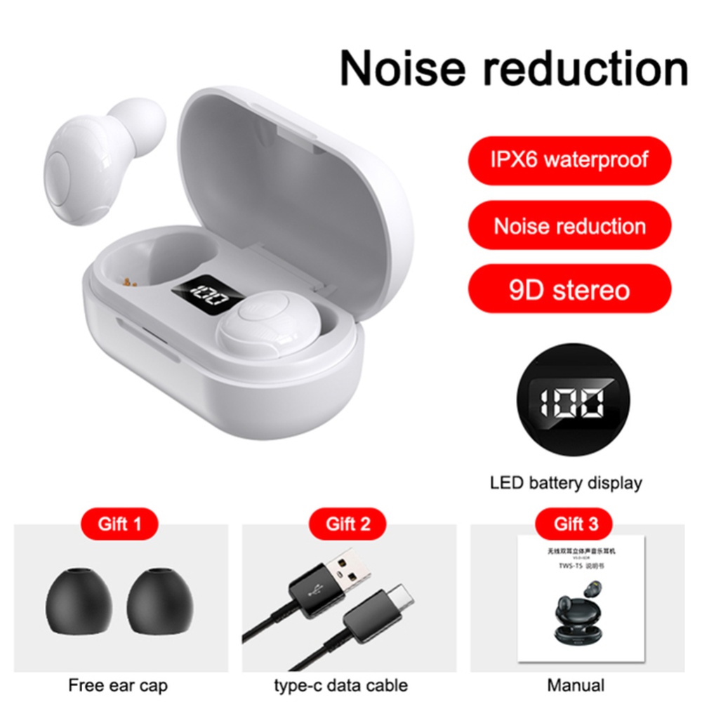 T8 Earphones Wireless Headphones Bluetooth-compatible Headset Mini In-ear Led Digital Display Handsfree White - Image 4