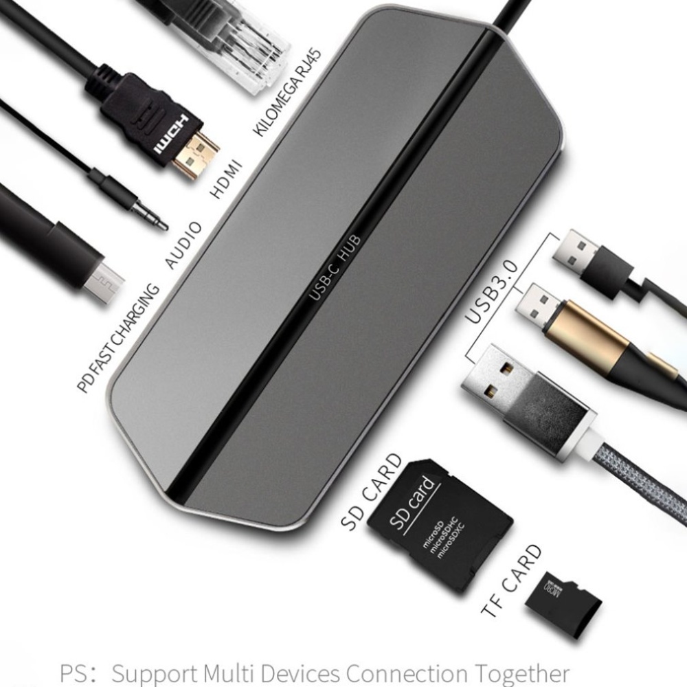 T19 Adapter PD Charger 4K HD SD Card Reader 3 USB 3.0 Ports Type C Docking Station 9 in 1 silver white