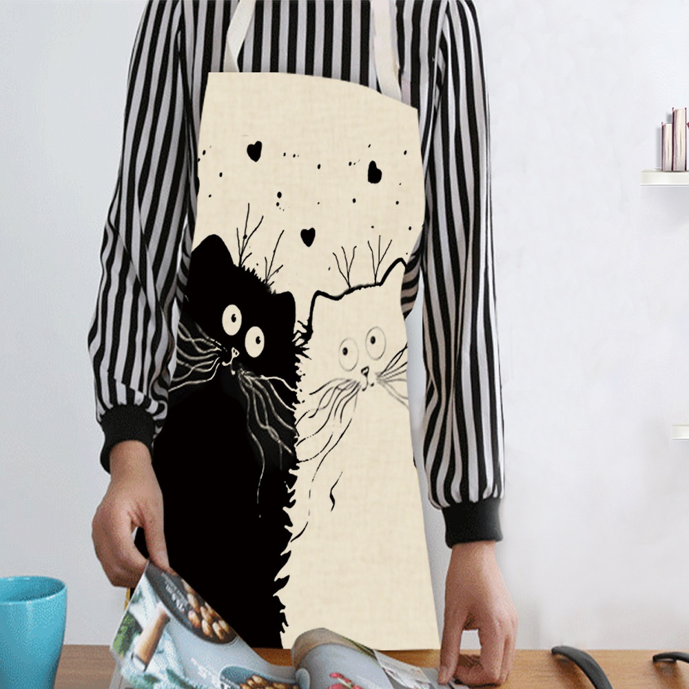 Kitchen Cartoon Apron Cute Comic Cat Printed Cotton Linen Cooking Pinafore Home Daidle Daily Housework Anti-Stain Baking 68x55cm_WQ0029-1 - Image 2