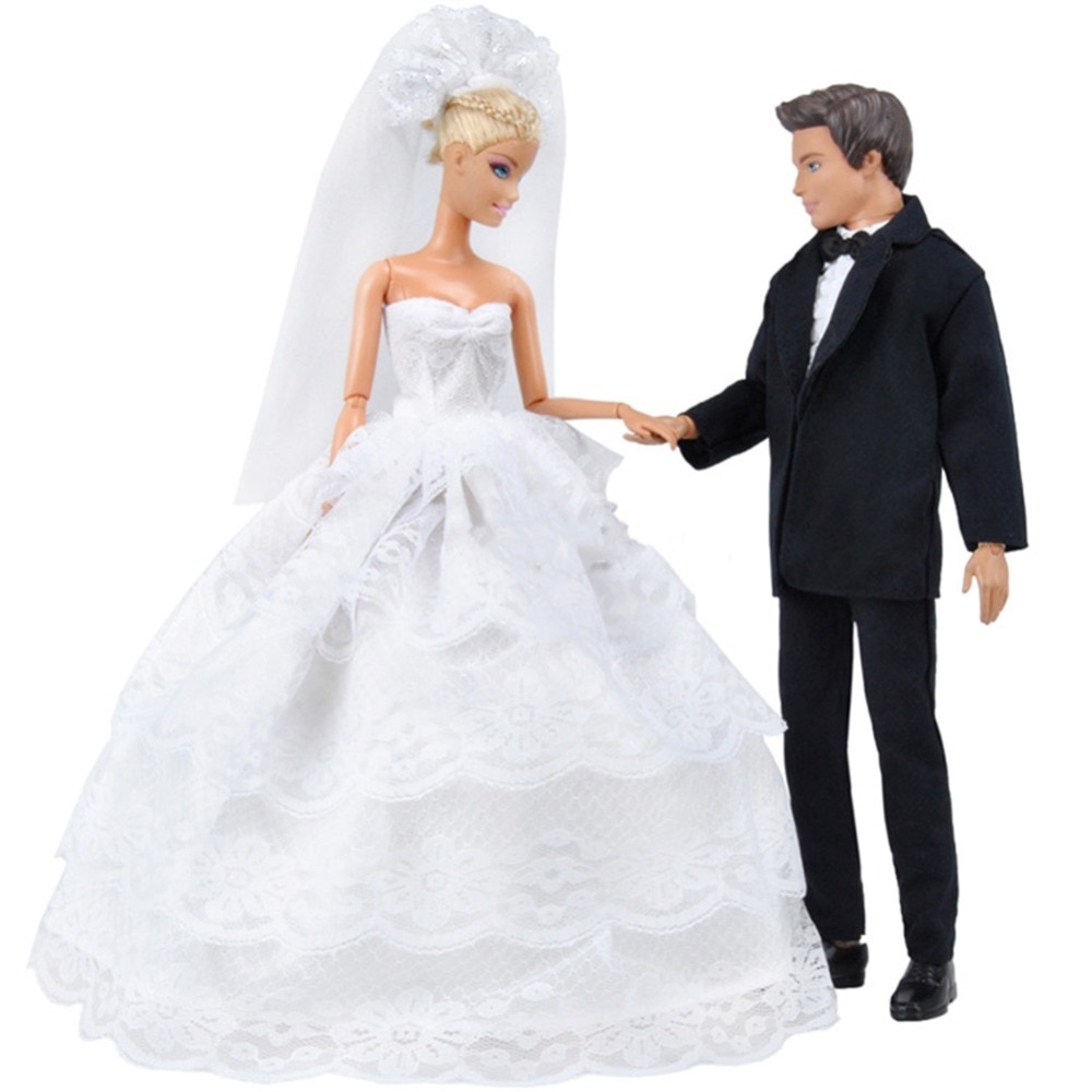 Princess White Five Layer Lace Wedding Dress and Prince Suit Clothes Set doll Ken Doll - Image 2