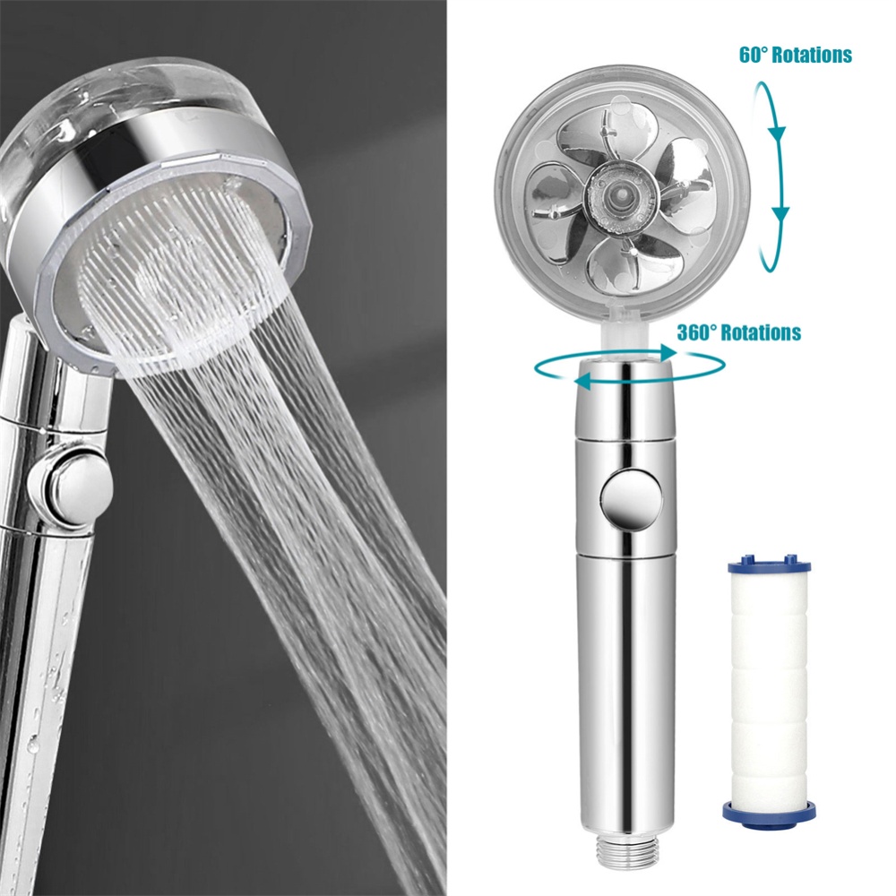 Shower Head Multi-color Water Saving Flow Detachable 360 Rotating High Pressure Nozzle with Turbo Fan Silver - Image 2