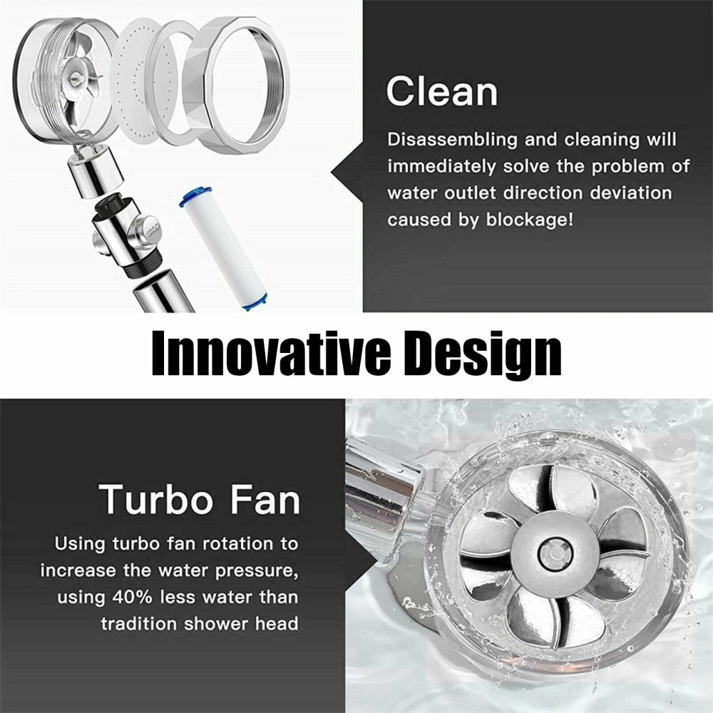 Shower Head Multi-color Water Saving Flow Detachable 360 Rotating High Pressure Nozzle with Turbo Fan Silver - Image 3