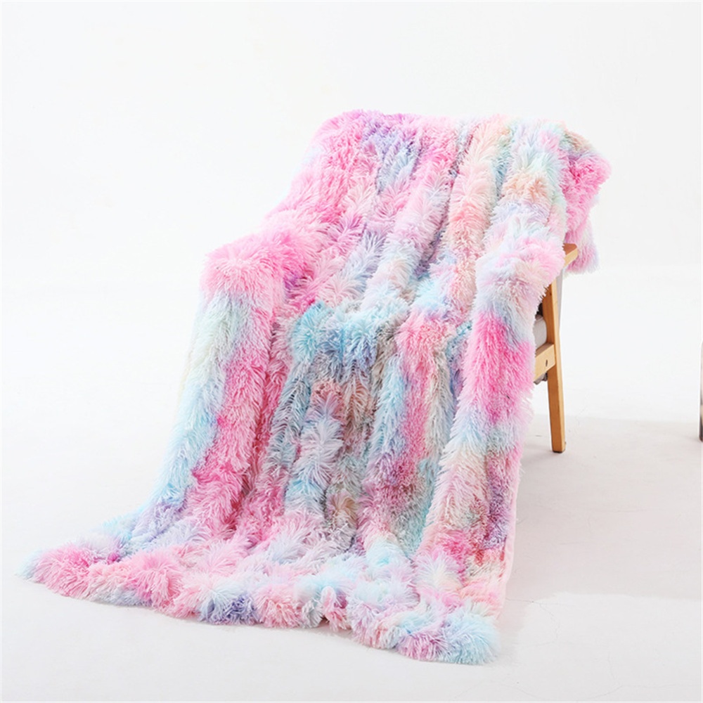 Double Layer Throw Blanket Long Hair Plush Decorative Tie-dye Blankets for Couch Sofa Bed rainbow colors