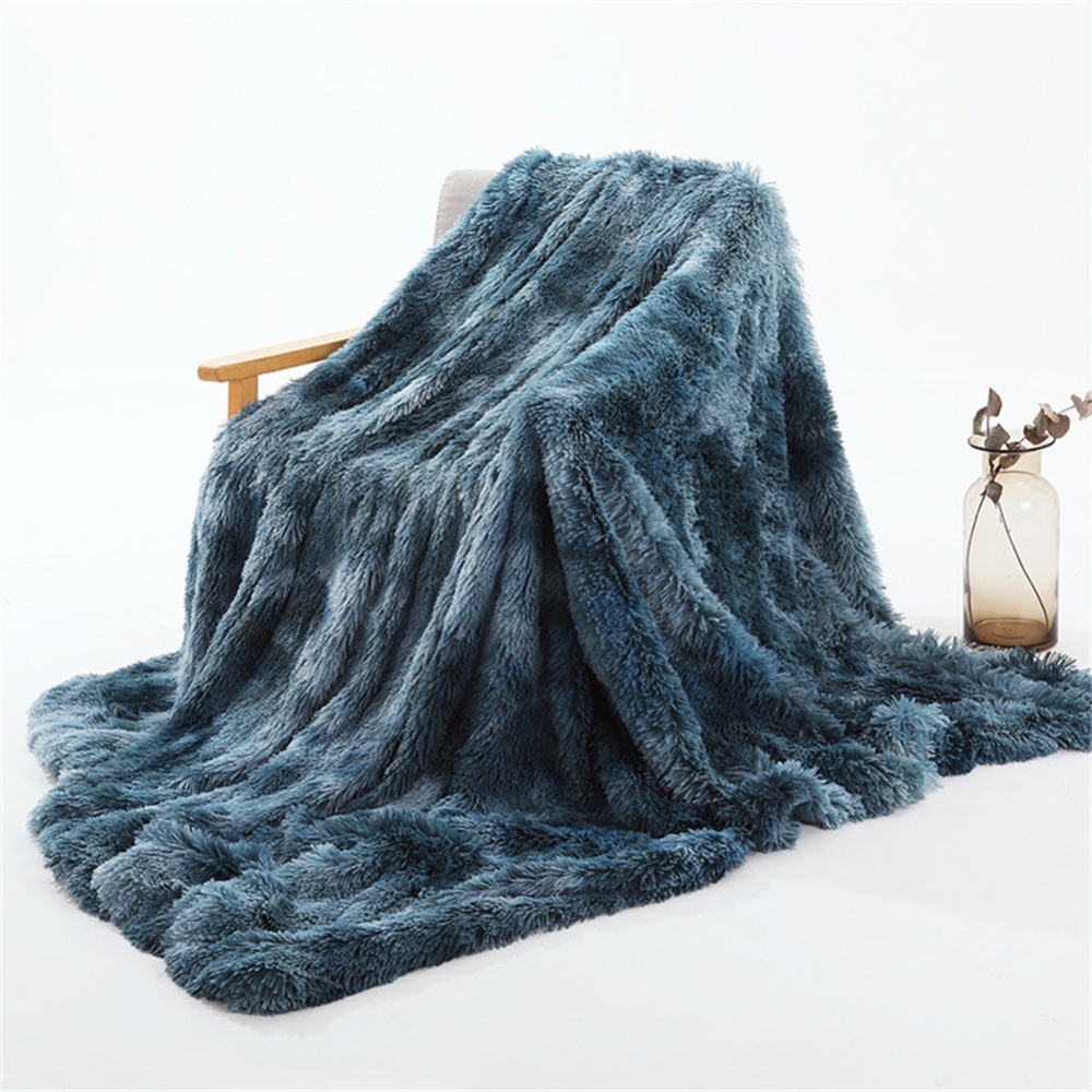 Double Layer Throw Blanket Long Hair Plush Decorative Tie-dye Blankets for Couch Sofa Bed blue