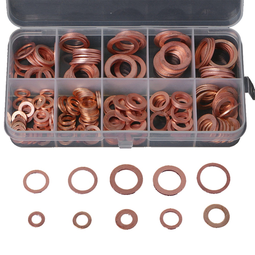 200pcs Copper Washer Red Oil Seal Gasket Box Flat Set