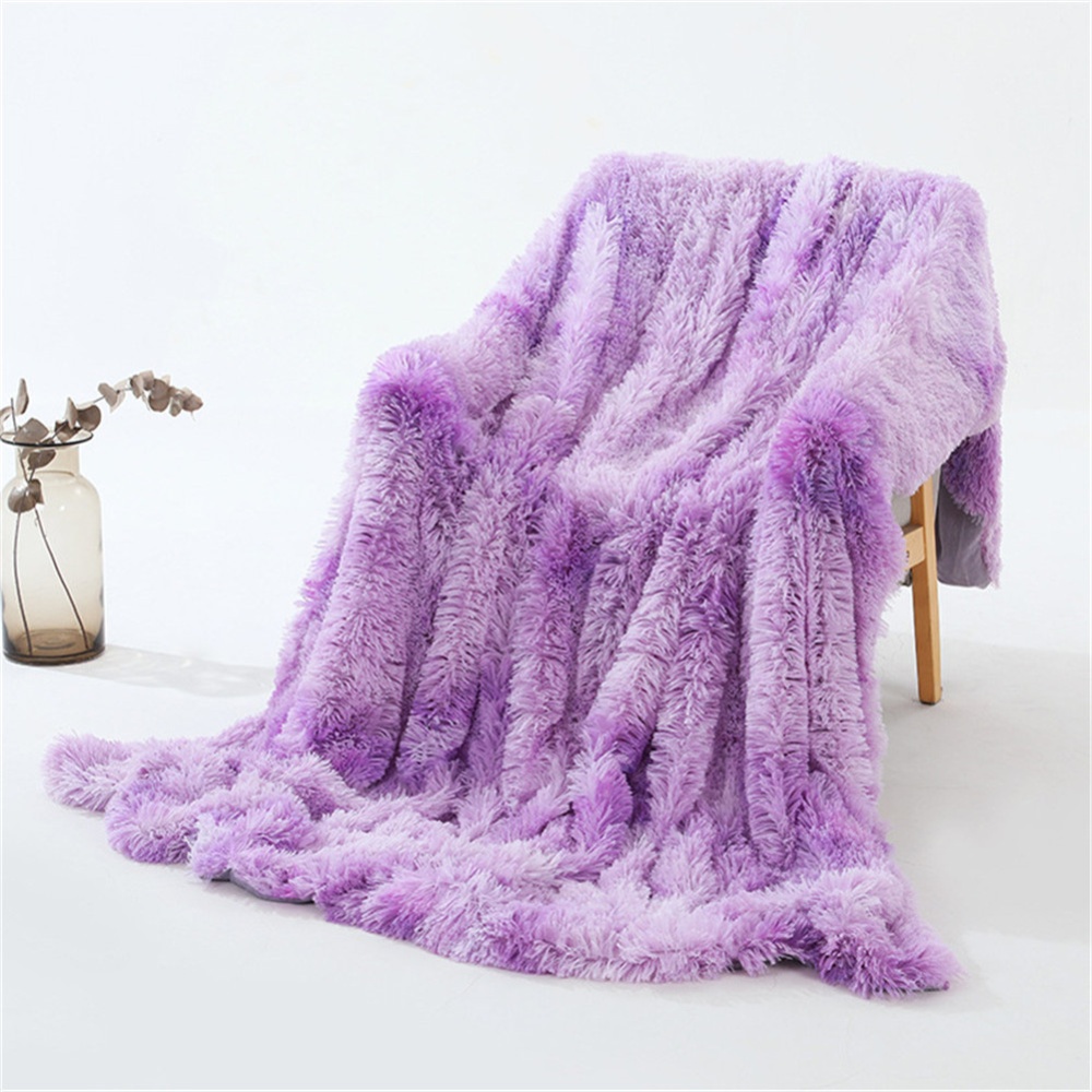 Double Layer Throw Blanket Long Hair Plush Decorative Tie-dye Blankets for Couch Sofa Bed pink purple