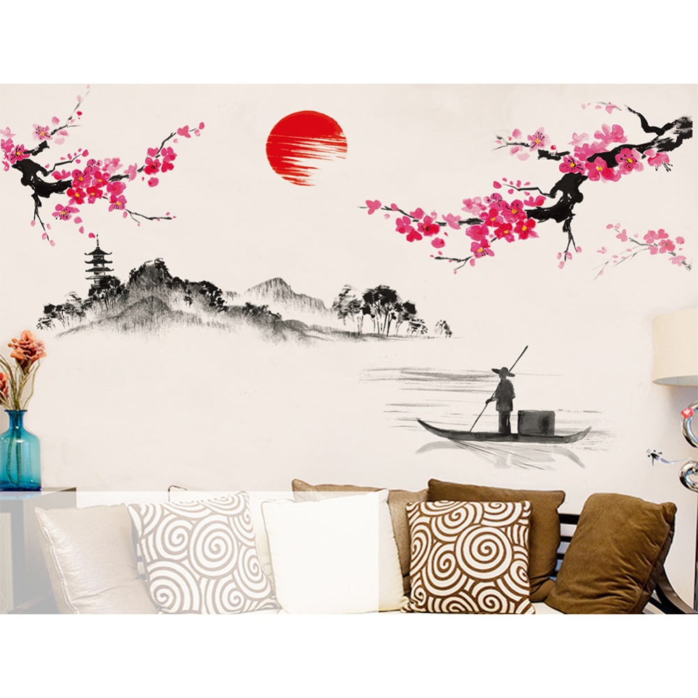 Creative Chinese Style Pink Plum Blossom Landscape Ink Painting Wall Sticker Decor with Removable Glue 60 * 90cm - Image 3