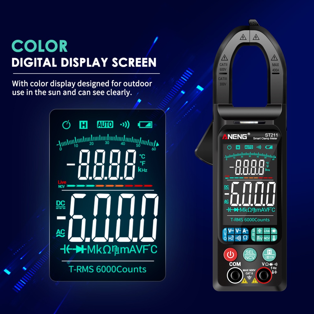 ANENG St211 Digital Clamp Meter 6000 Counts Multimeter Dc/ac Voltage Current Tester Black - Image 2