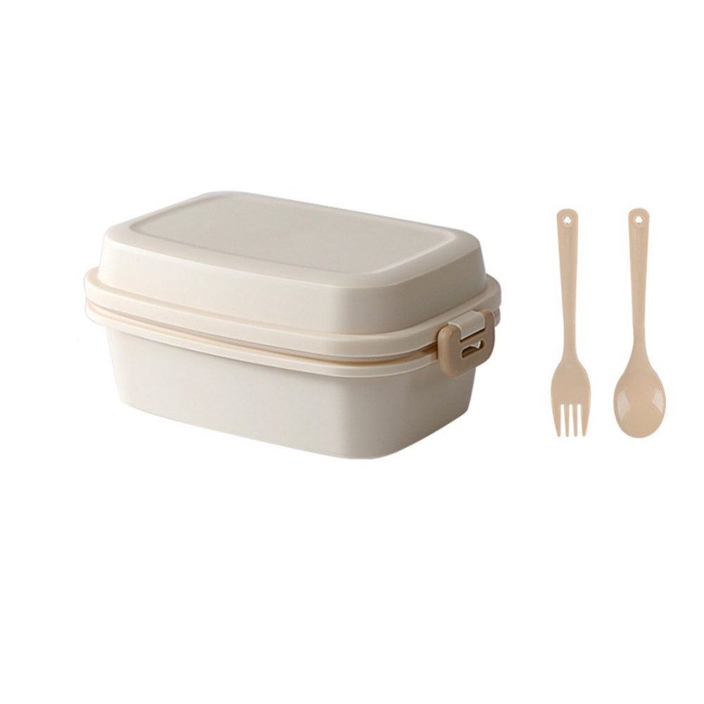 Double Buckle Frosted Lunch Box With Spoon Fork Food Storage Container apricot
