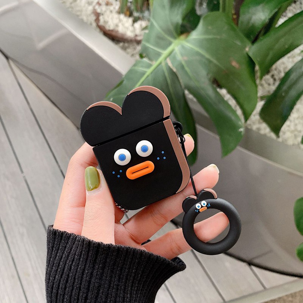 Cute Cartoon Earphone Case for Airpods Funny Sausage Mouth Duck Soft Silicone - Black