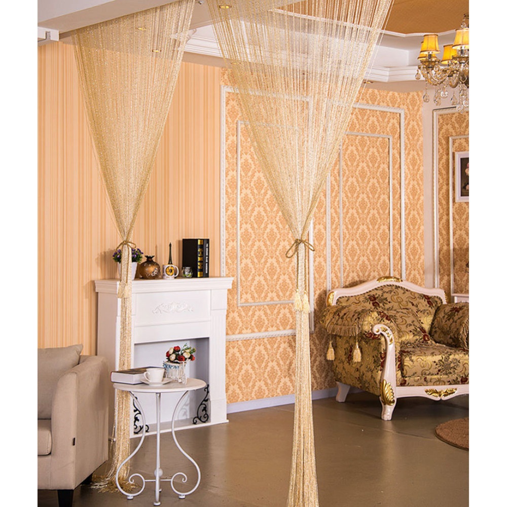 1 * 2M Shiny Tassel Flash Line String Curtain Window Door Divider Sheer Valance Home Wedding Decoration (Rod Pocket Version) Beige - Image 3