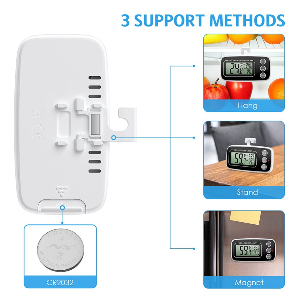 Battery Powered Electronic Digital Refrigerator Thermometer Max/min Function 3 Mounting Options For Kitchen Home Restaurants Black - Image 3