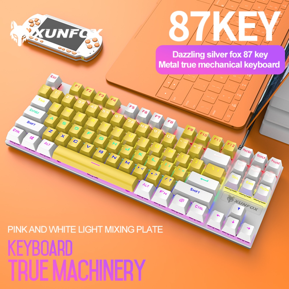 K80 Wired Mechanical Keyboard Cyan Axis Ergonomic Design Metal Panel Luminous Desktop Computer Notebook 87-key Game Yellow white - Image 2