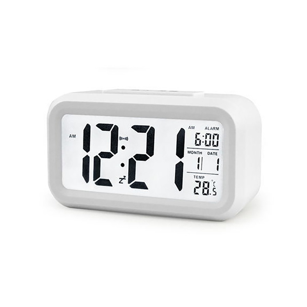 Alarm Clock Large Lcd Display Battery Digital Kids Light Sensor Nightlight Office Table White - Image 2